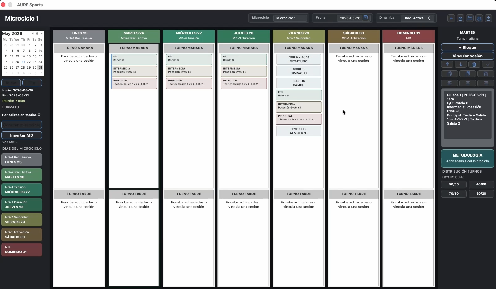 AURE Sports Planning module interface